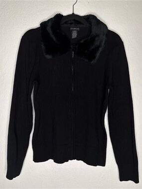 George Chic Vintage Y2k Black Zip-Up Knit Cardigan Sweater Faux Fur Collar SZ M